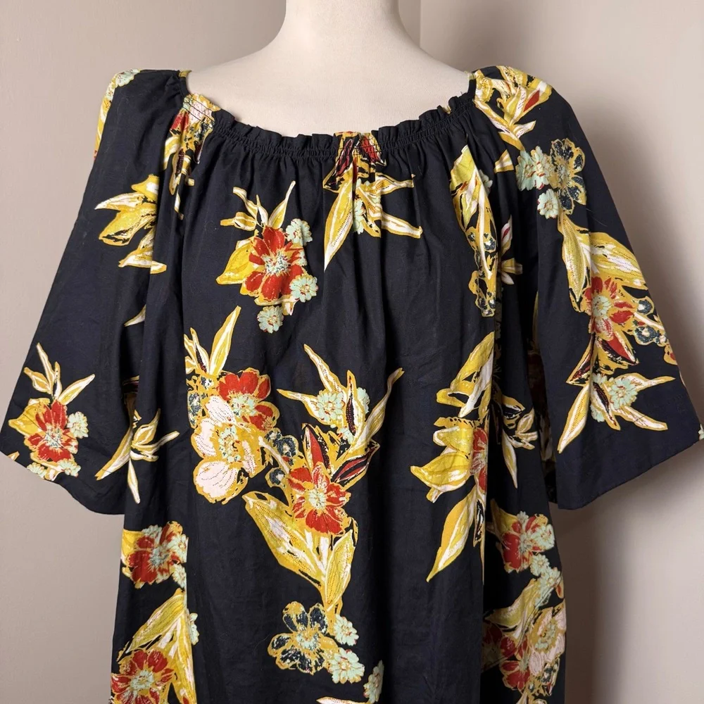 FREE PEOPLE Jodie Tropical Print Kimono Sleeve Mini Dress BLACK / LARGE - Picture 3 of 14
